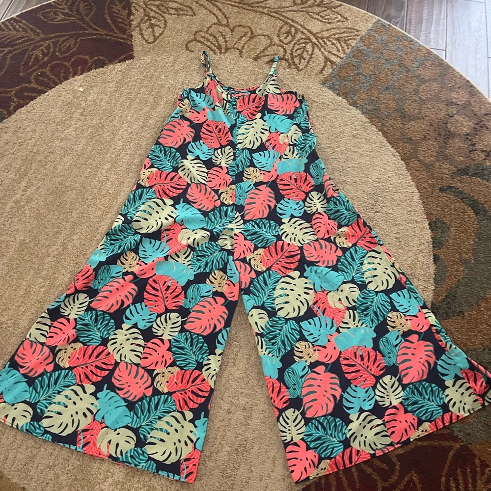 easel Tropical Leaf Wide-Leg Jumpsuit in Coral, Teal, Cream on Black pickets